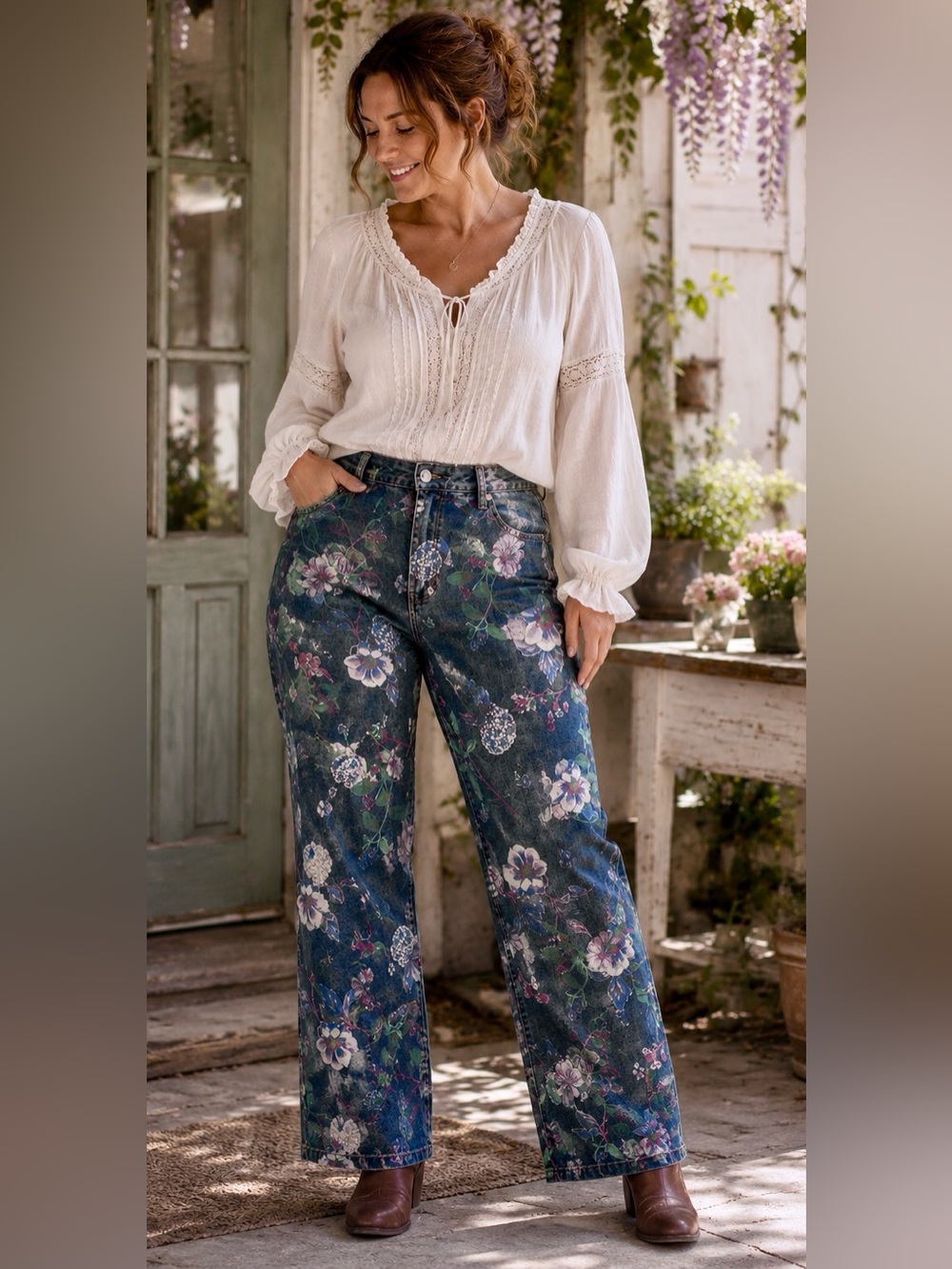 Floral Wide Leg Jeans 32” Waist Boho Dopamine Statement Cottagecore